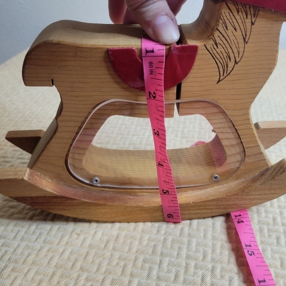 Vintage brown wooden rocking horse toy with red saddle - Picture 2 of 6